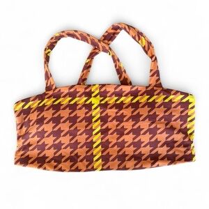 Offline by aerie Orange and Brown Houndstooth workout Bra with Neon Yellow Trim